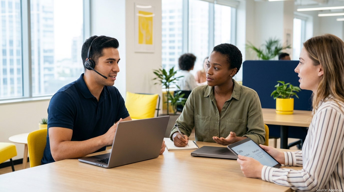 Three colleagues collaborate at a modern office table using a laptop, headset, and digital tablet.
