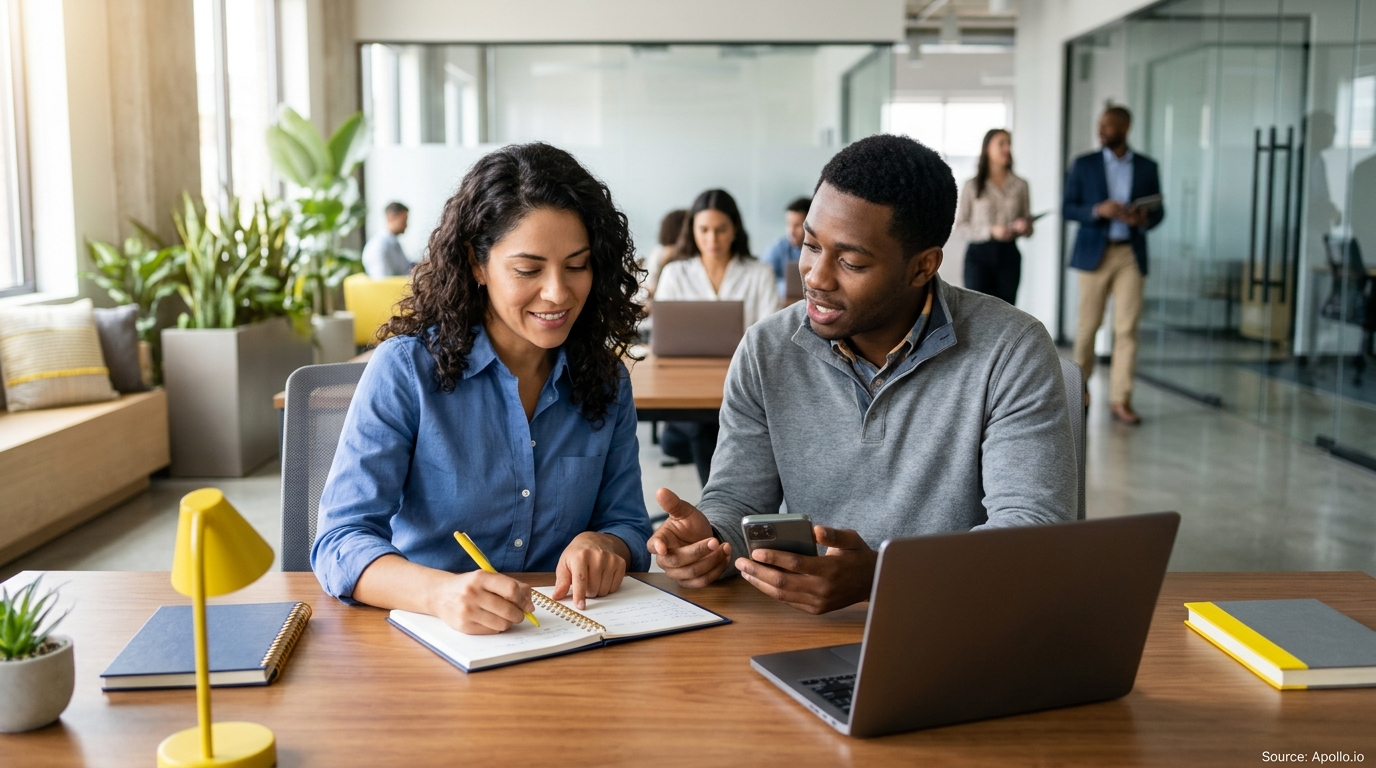 Two coworkers collaborate at a desk with a laptop, smartphone, and notebook in a modern open-plan office.