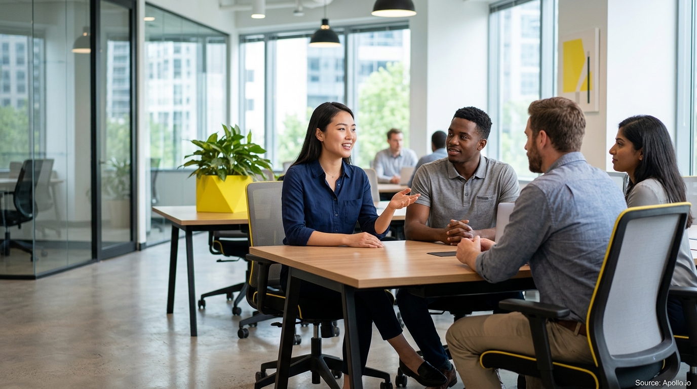 Four diverse professionals discuss ideas around a wooden table in a bright, modern open office.