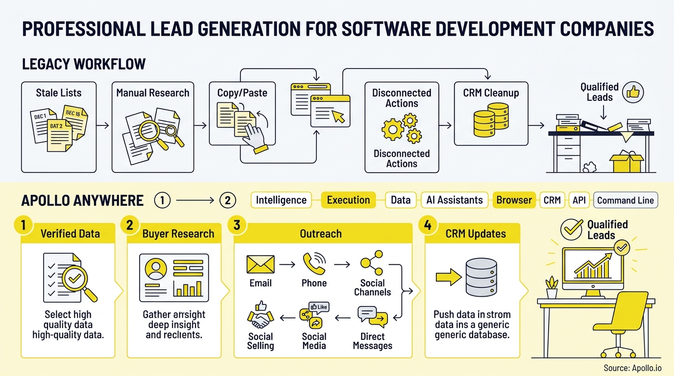 Flowchart comparing a manual legacy sales pipeline to a streamlined, four-step digital lead generation workflow.