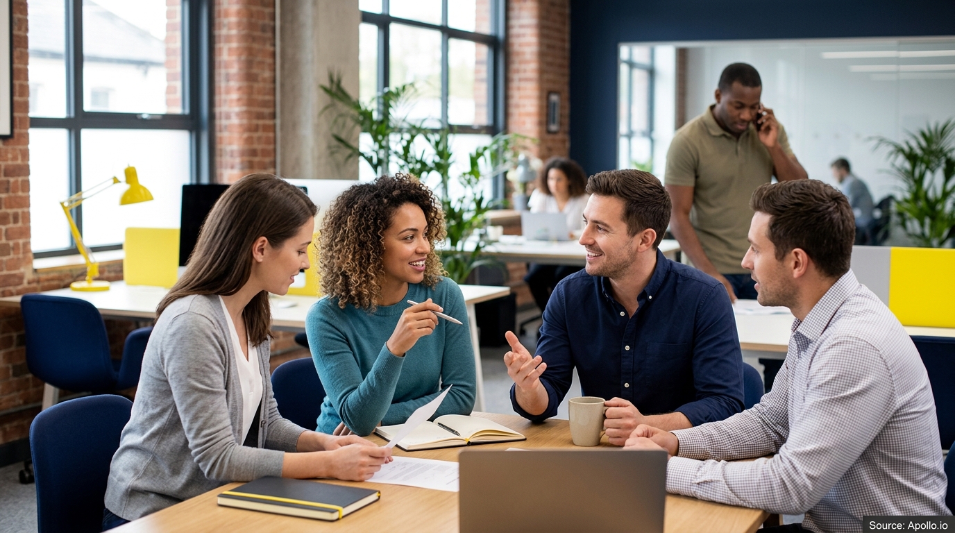 Four colleagues discussing work and collaborating around a wooden table in a bright, modern open-plan office.
