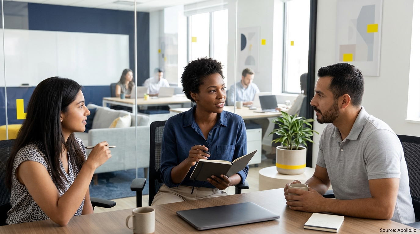 Three colleagues discuss work around a table with a laptop and notebooks in a bright, modern office.