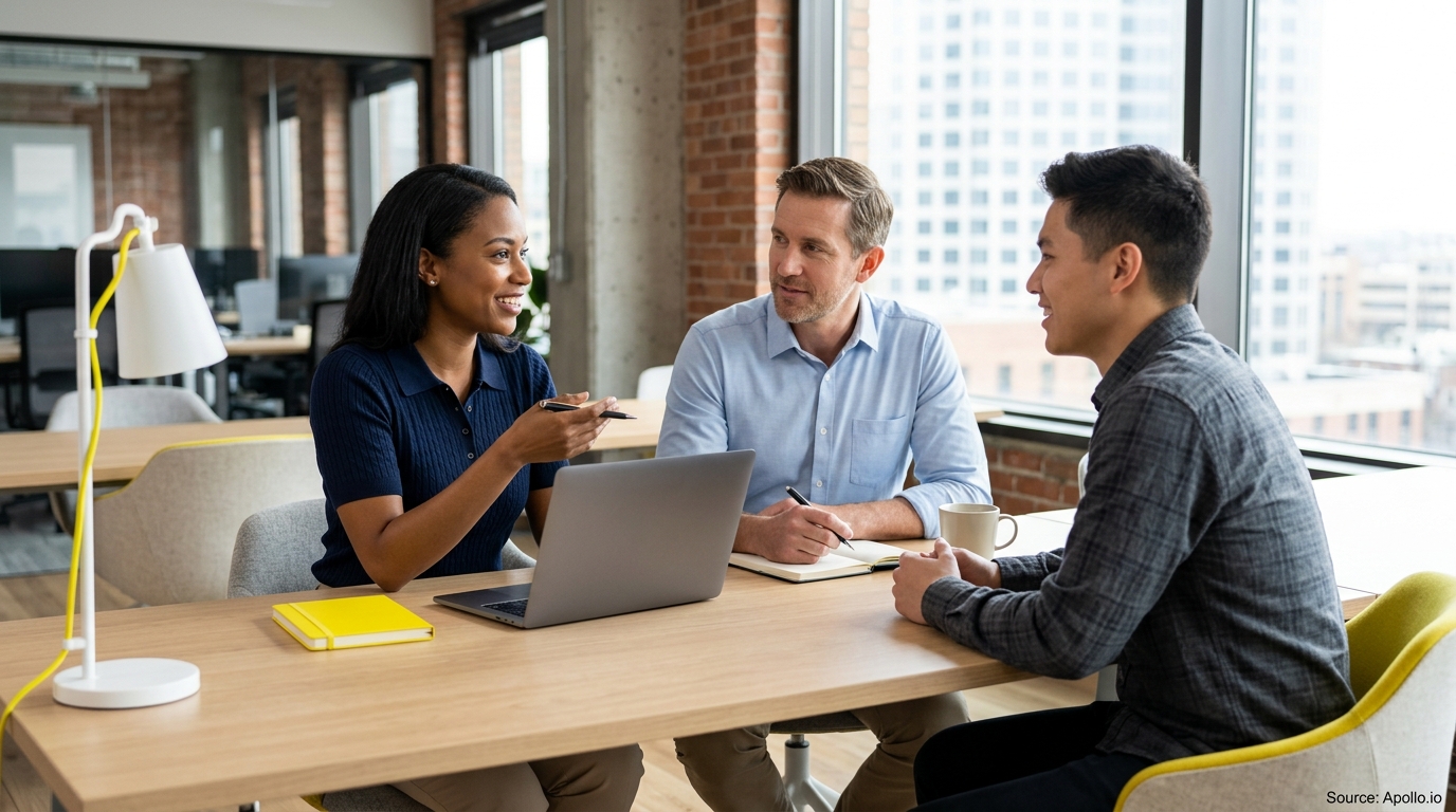 Three professionals collaborate around a wooden desk with a laptop in a bright, modern office.