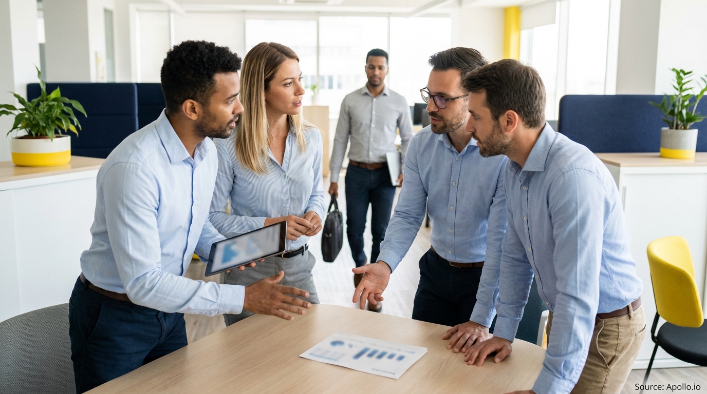 Five professionals collaborate in a modern office; four analyze data on a tablet and document, one walks.
