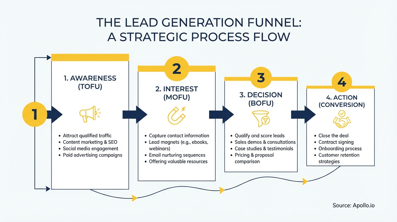 Flowchart outlining a four-step lead generation funnel from awareness to conversion.