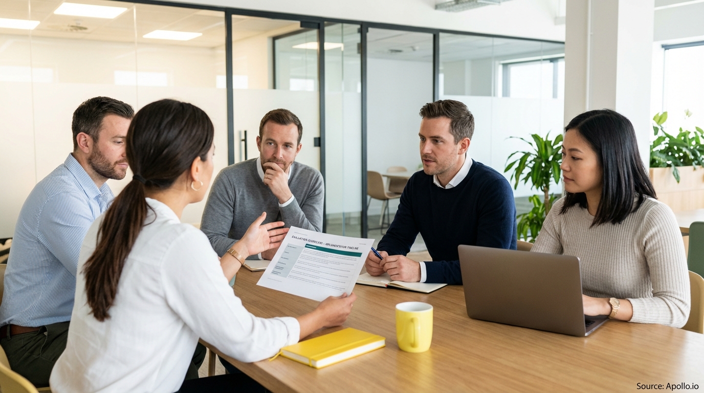 Five professionals discussing a document at a bright, modern office meeting.