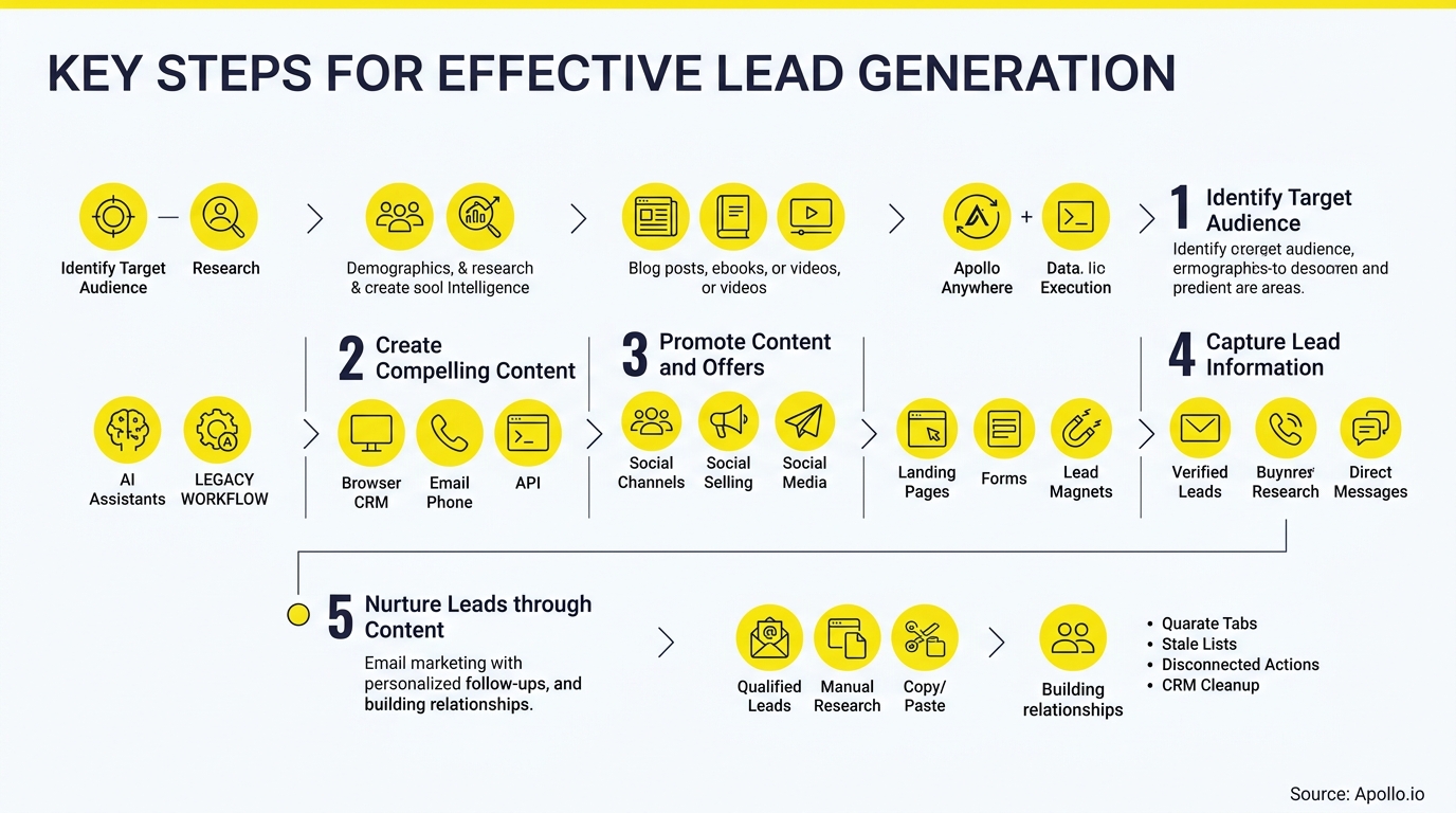 Five-step lead generation flowchart uses yellow circular icons and black text on a clean white background.