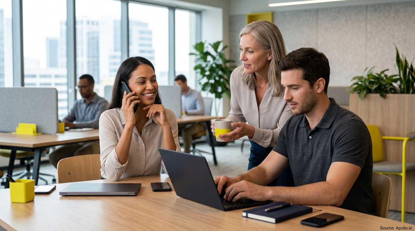 Diverse professionals collaborate using laptops and phones in a bright, modern open-plan office setting.
