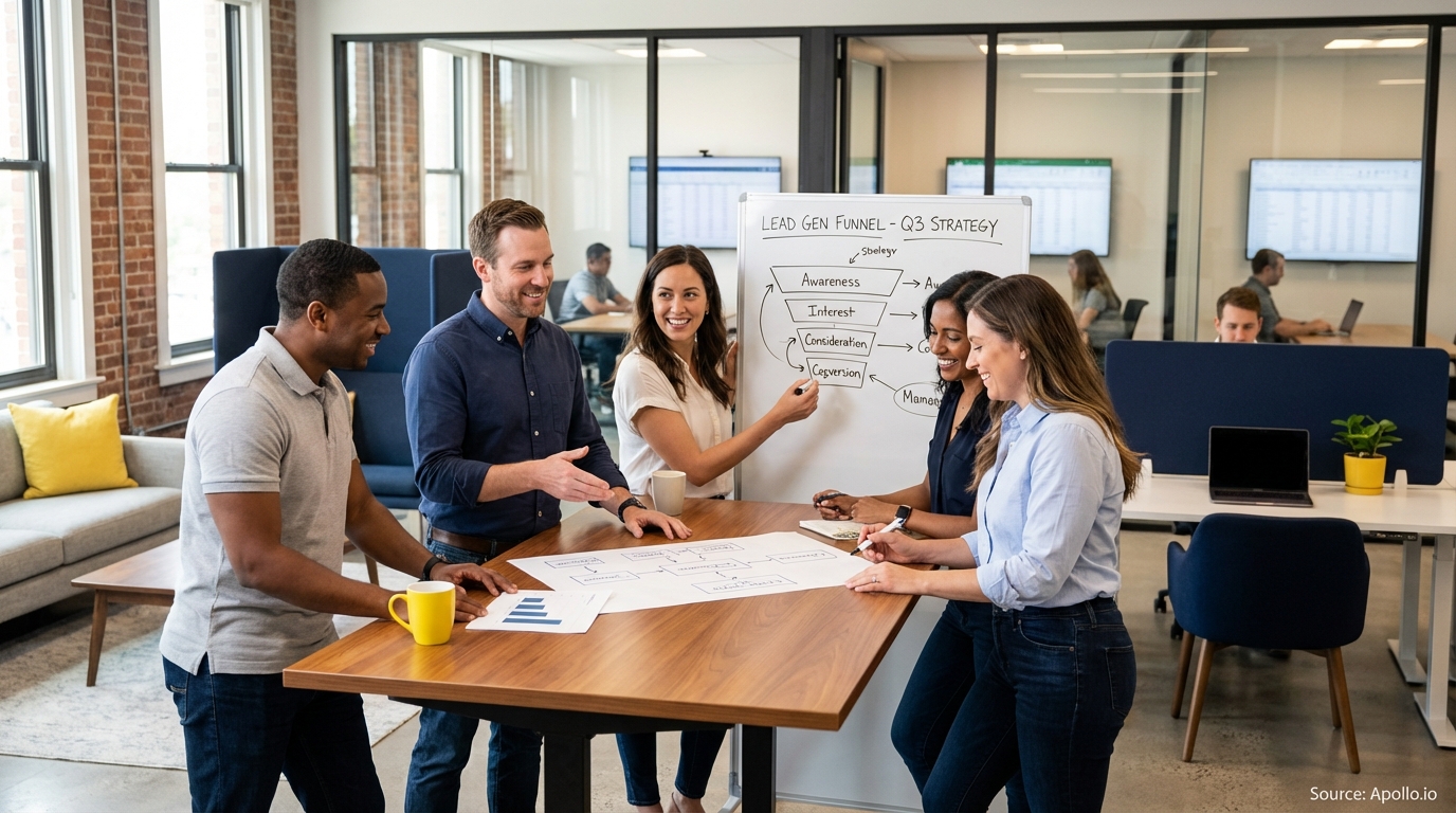 Sales team collaborating in a modern open-plan office reviewing lead generation strategies
