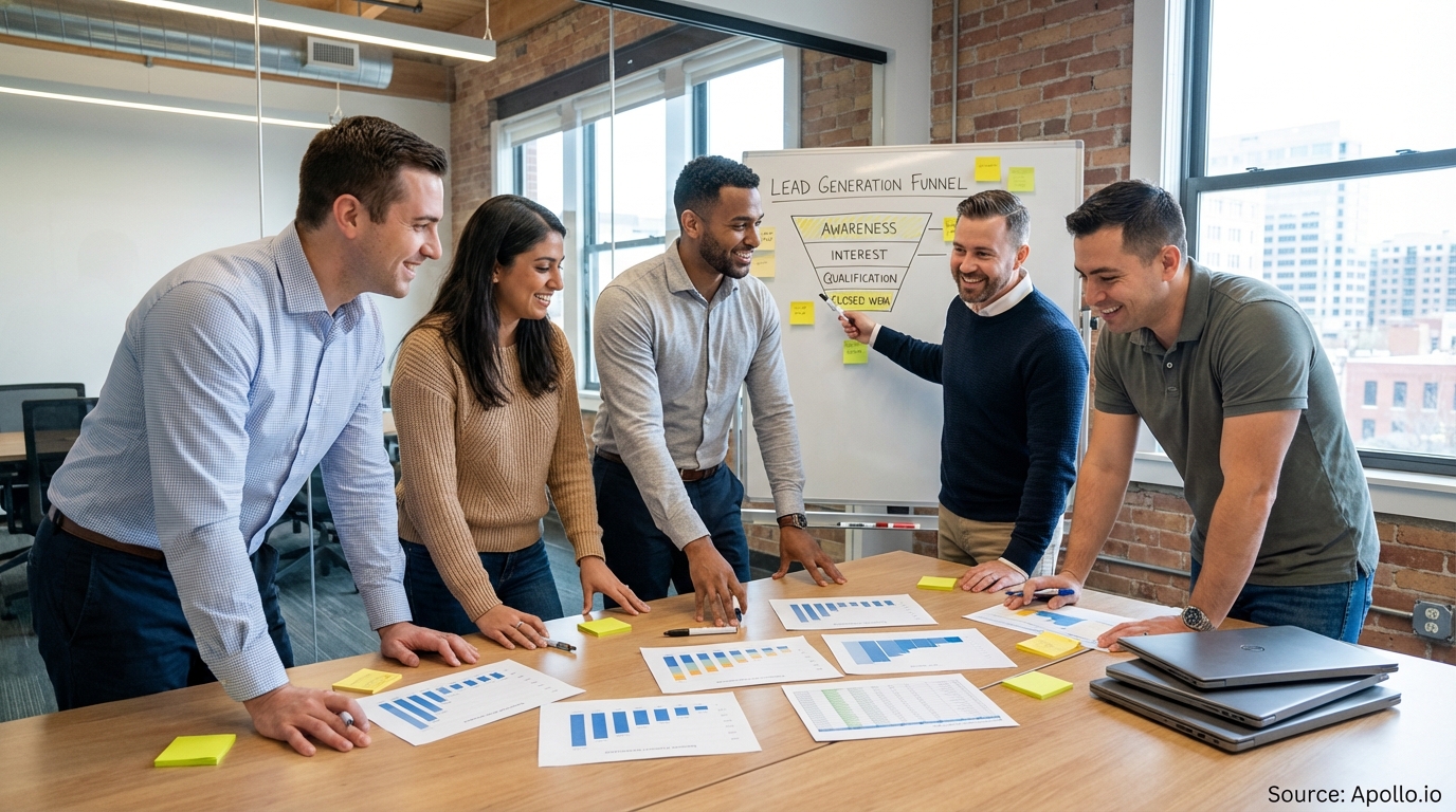 Sales professionals discussing strategy around a conference table reviewing lead generation strategies
