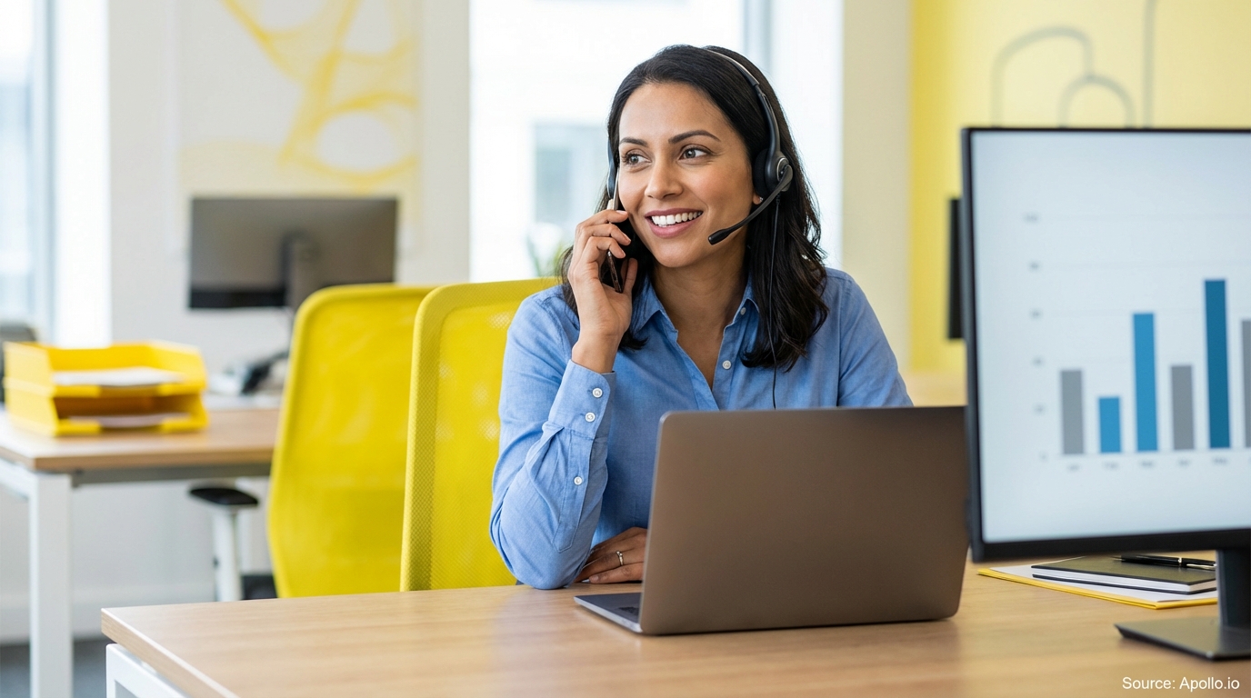 Sales development rep on a call wearing a professional headset reviewing lead generation strategies