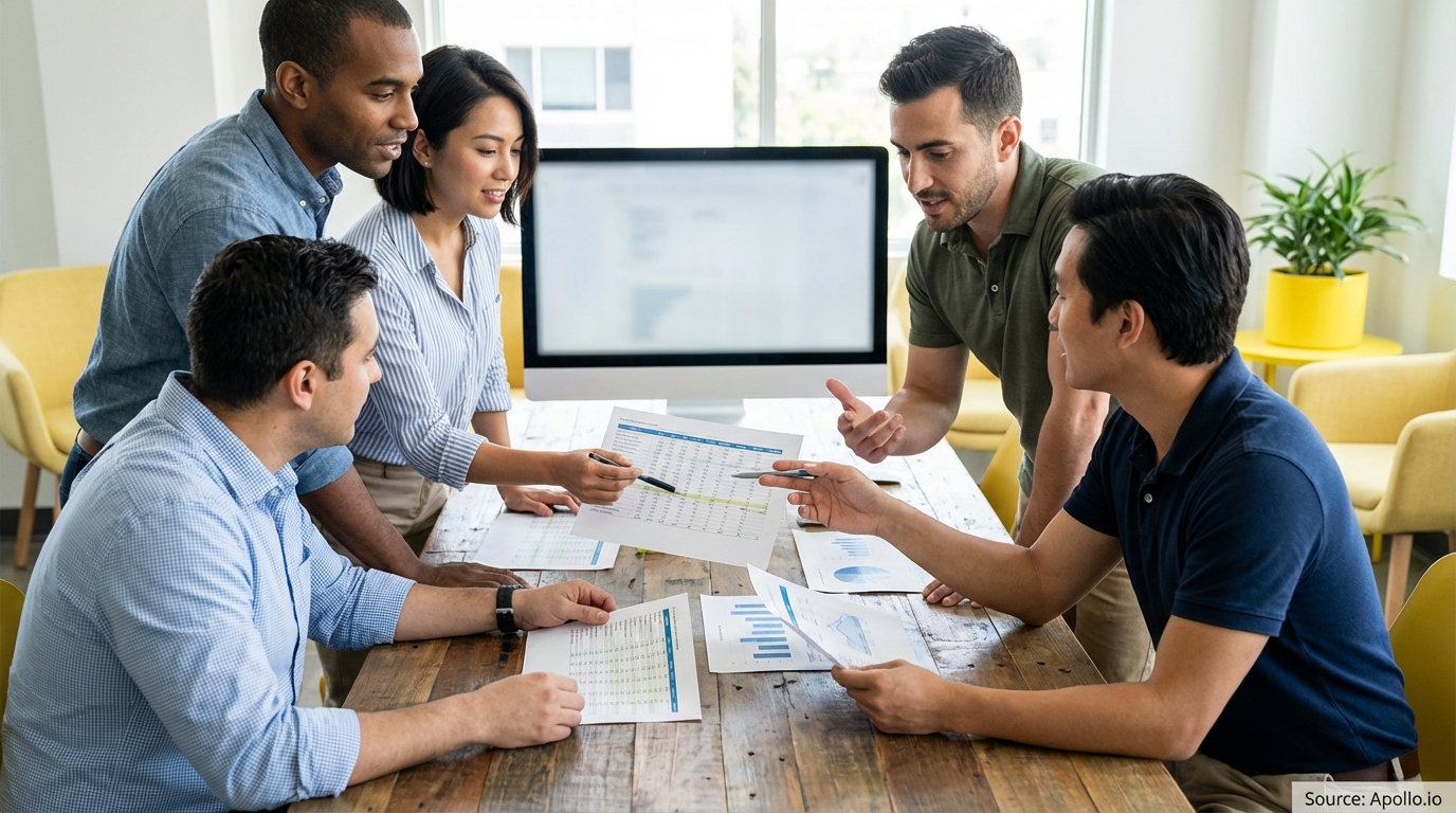 Five diverse professionals discuss data and charts at an office table.