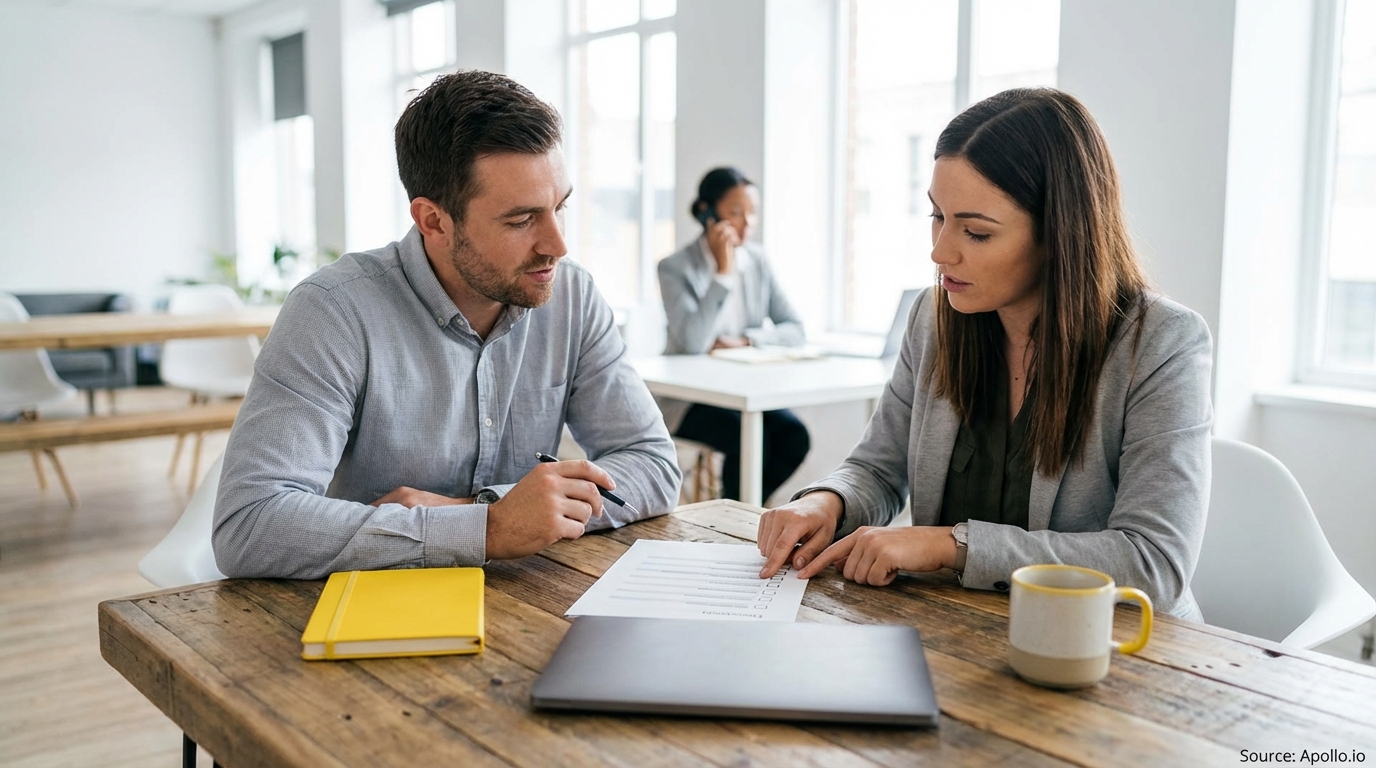 Two professionals review a document with checkboxes at a bright office table.