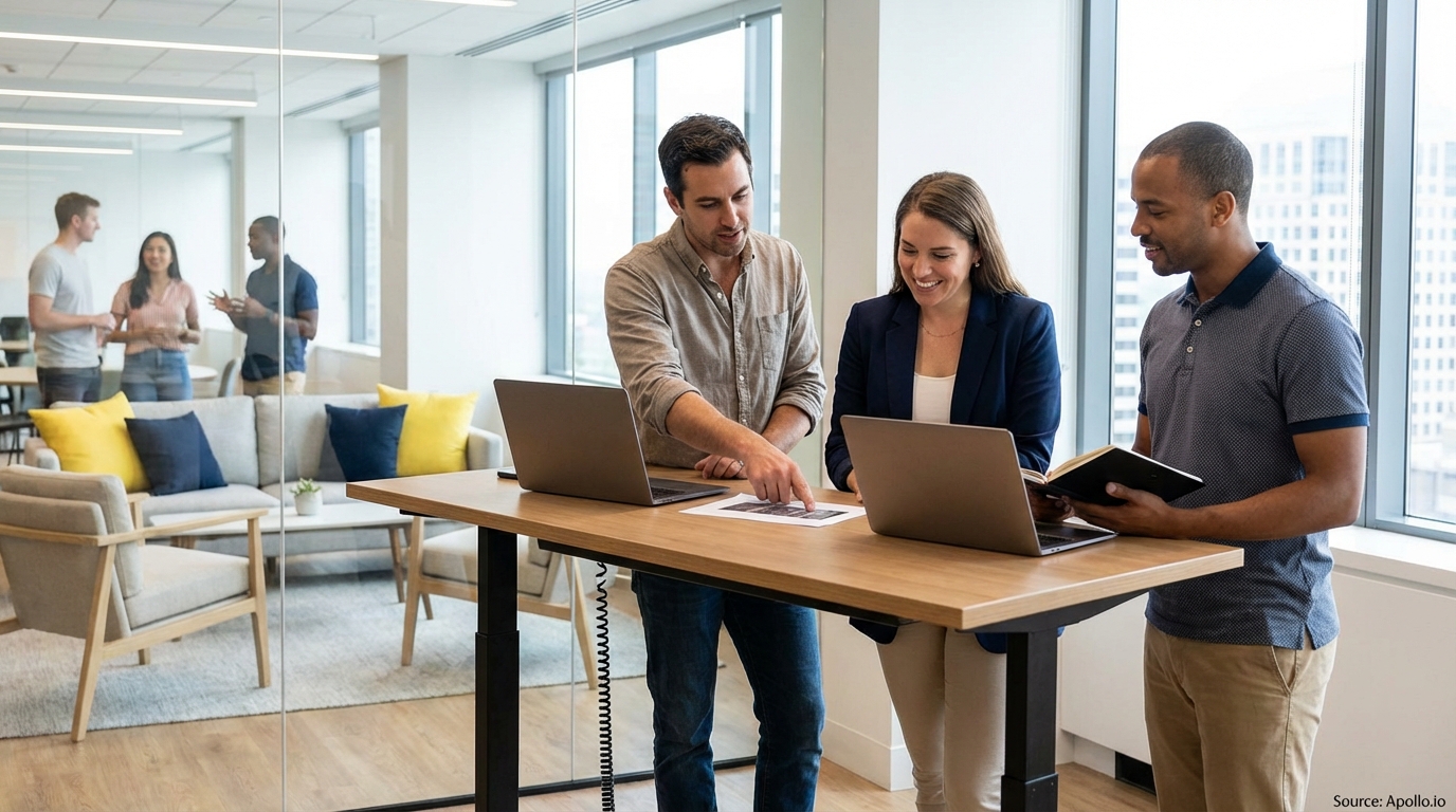 Sales team collaborating in a modern open-plan office reviewing lead generation strategies