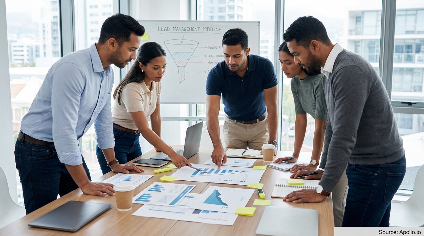 Sales professionals discussing strategy around a conference table reviewing lead generation strategies