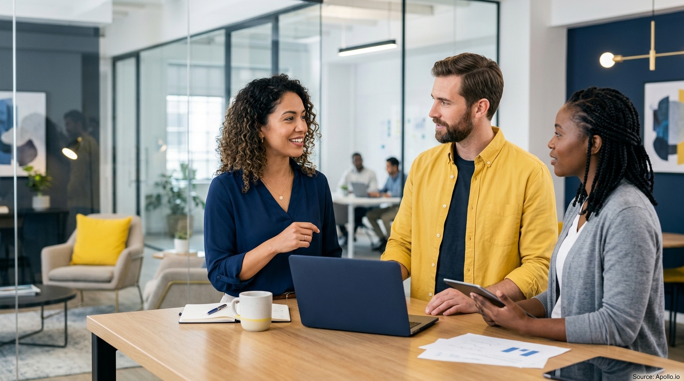 Three colleagues collaborate around a table with a laptop and documents in a bright, modern office.