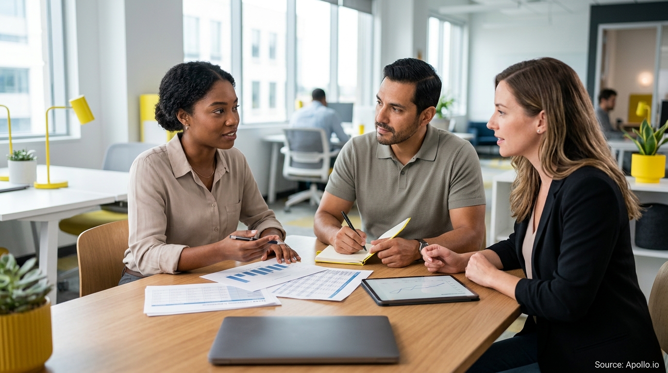 Three colleagues analyze data reports and charts around a table in a bright, modern office.