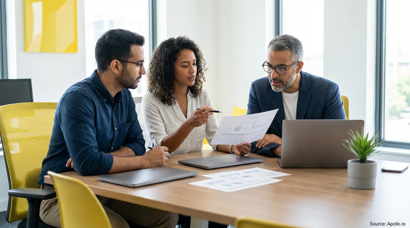 Three professionals discuss charts and documents at a modern office table.