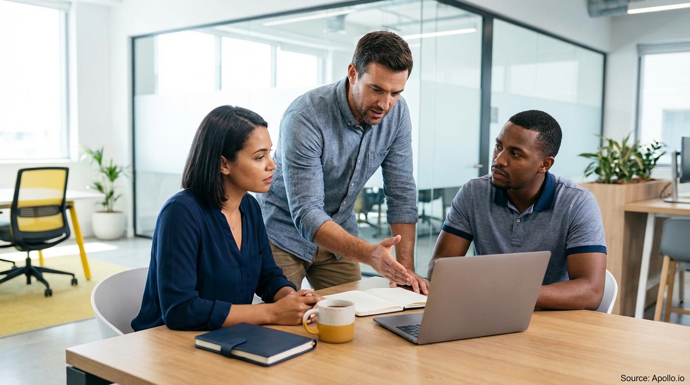 Three professionals discuss around a table with a laptop and notebook in a modern office.