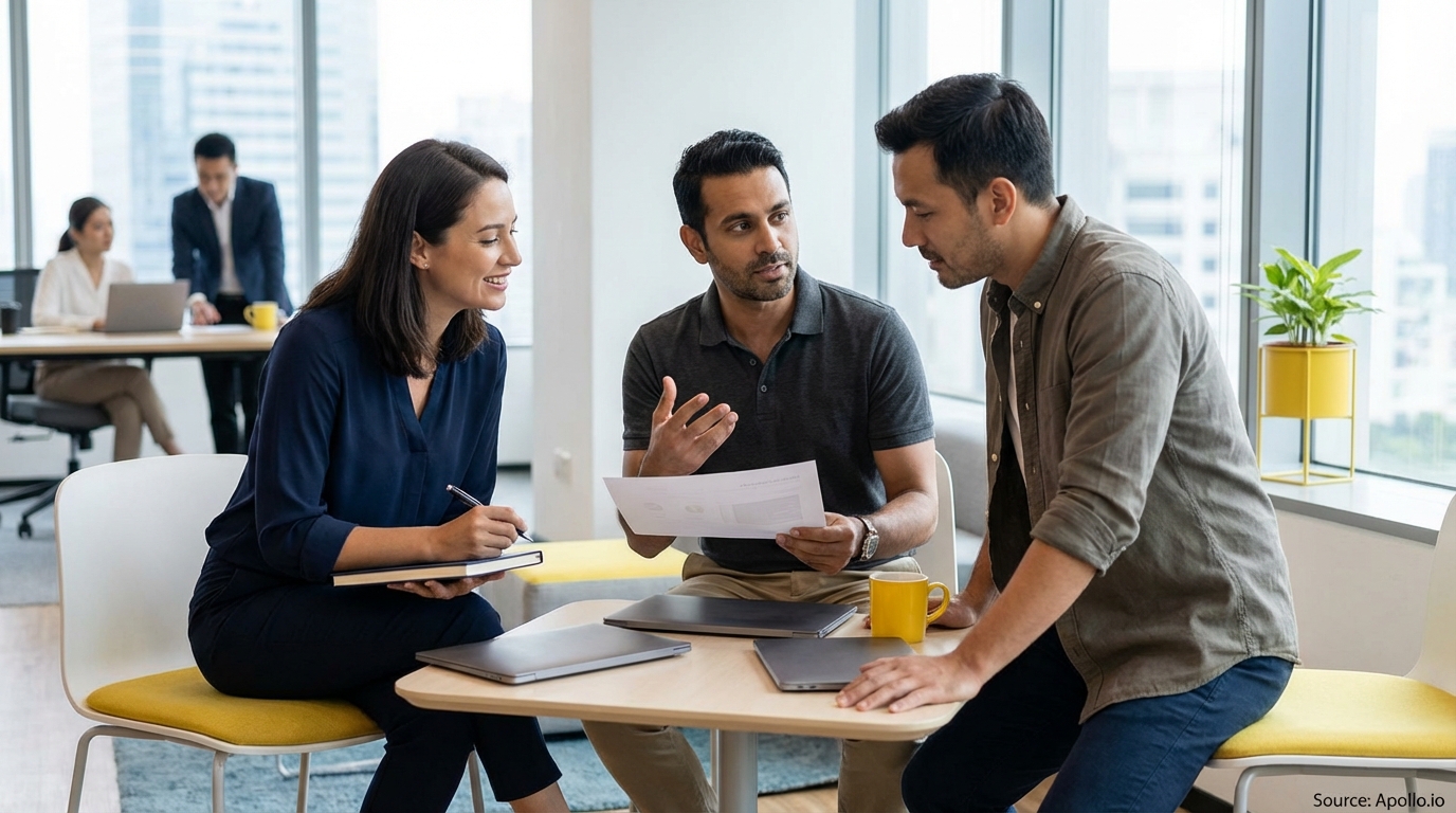 Three diverse colleagues collaborate on documents at a modern office table with laptops.