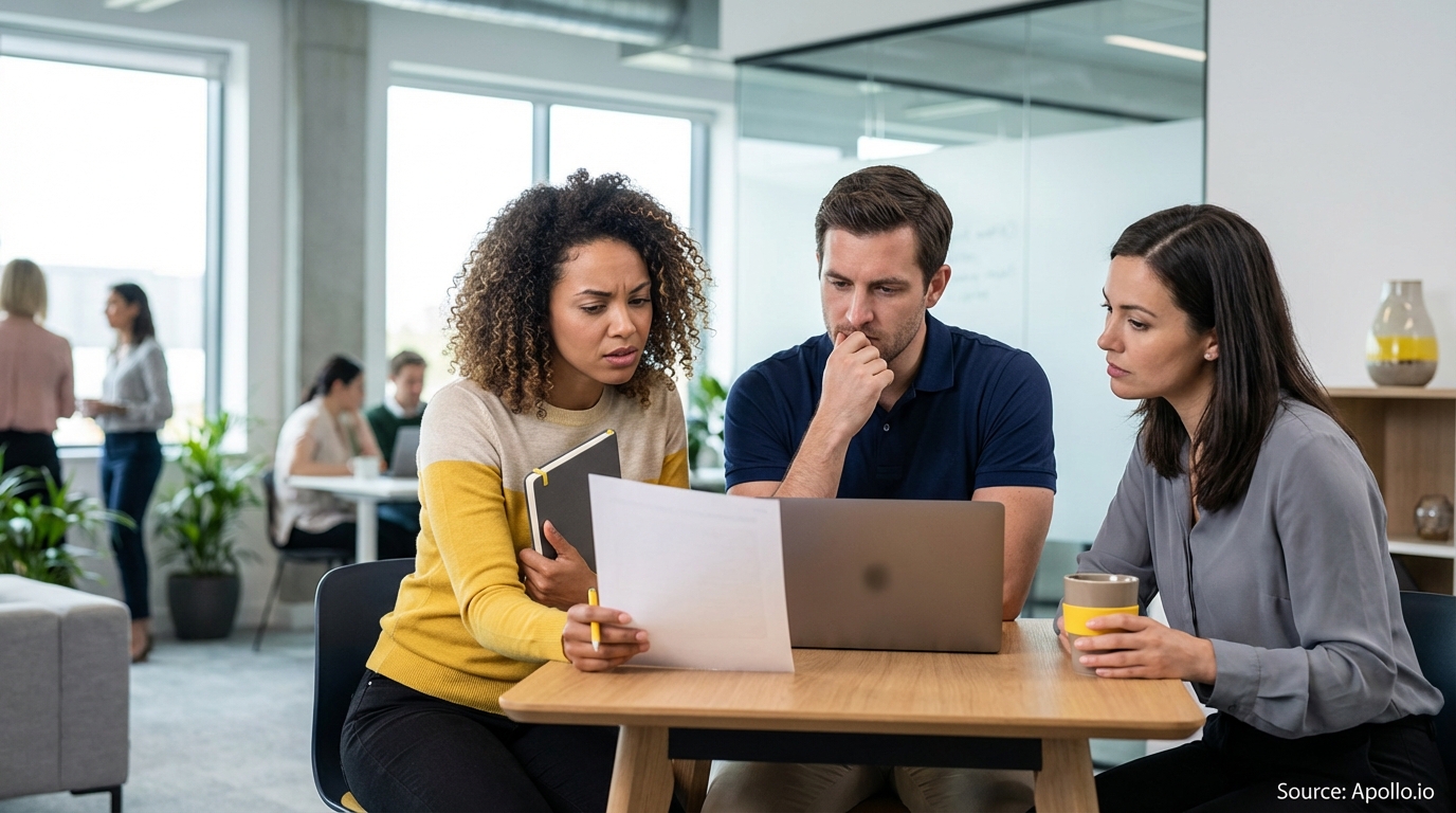 Three professionals review documents and a laptop at a modern office table.
