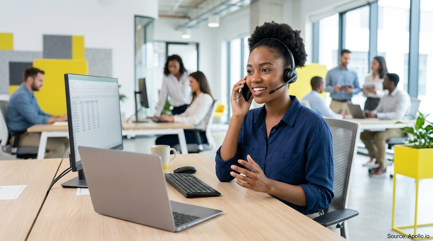 Eight professionals work in a modern open-plan office, including a woman talking on a headset at her desk.