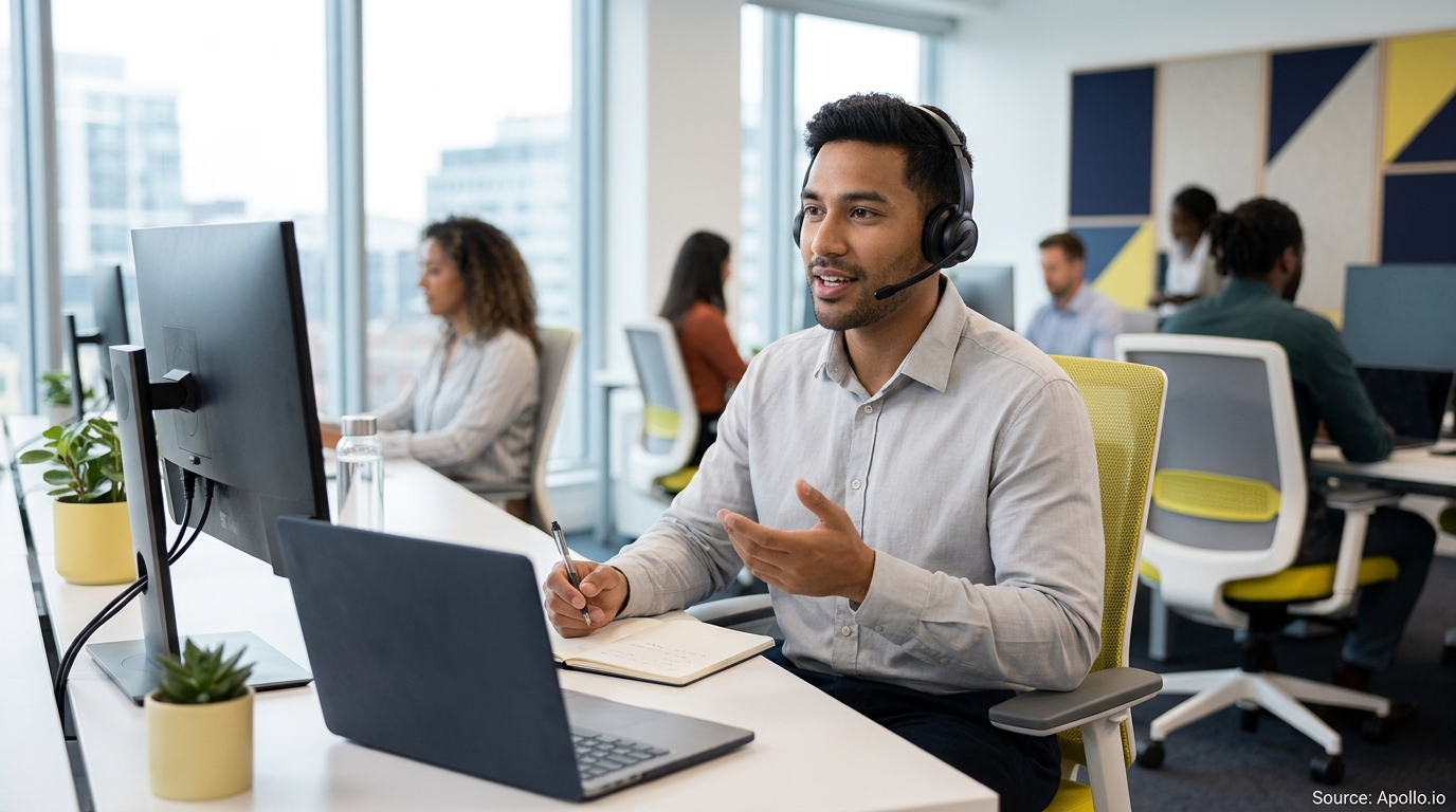 A man wearing a headset speaks at his desk while colleagues work in a bright, modern open office.