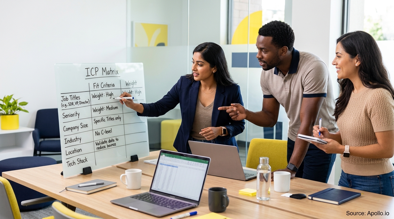 Three professionals collaborate on an ICP Matrix whiteboard in a bright, modern office with laptops and notebooks.