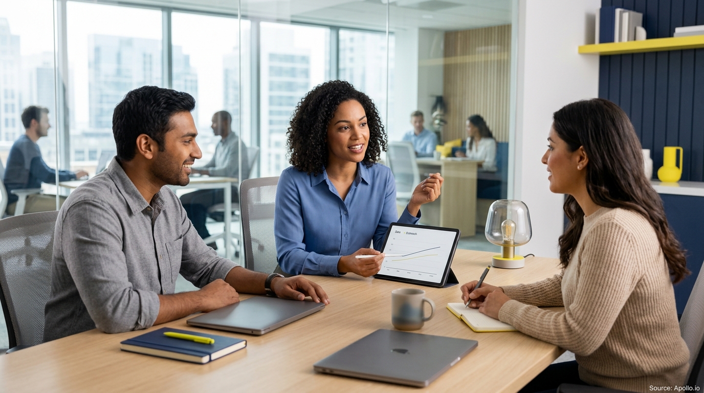 Three professionals review data on a tablet during a meeting at a table in a modern office.