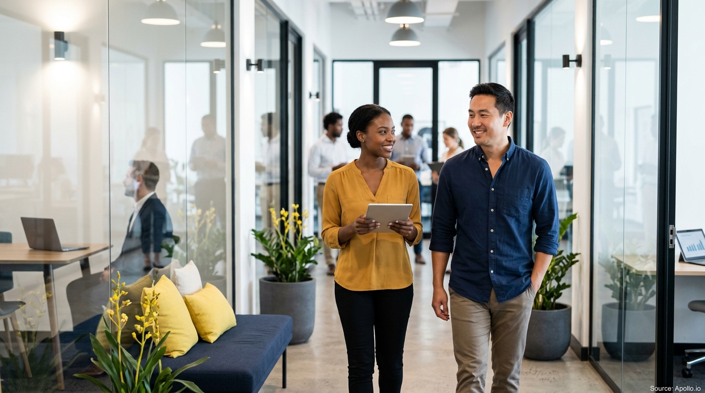 Two professionals walk and talk in a modern office hallway while several others work in the background.