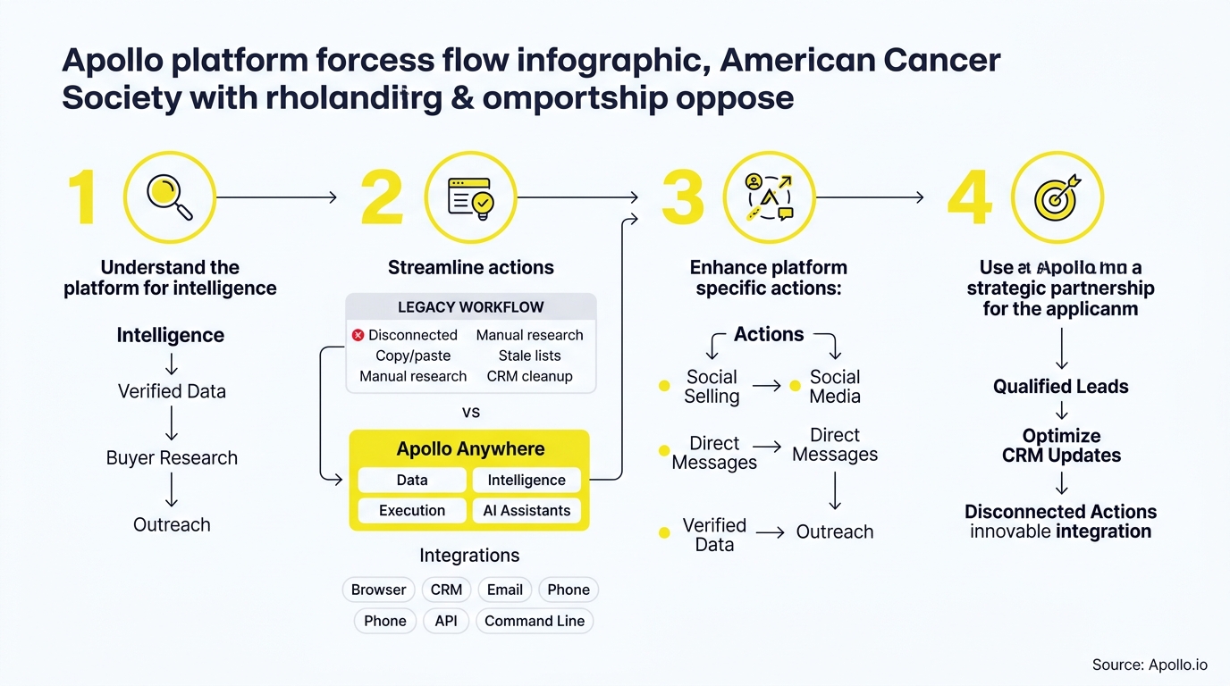Four-step infographic detailing a strategic business workflow from data intelligence and research to lead generation and outreach.