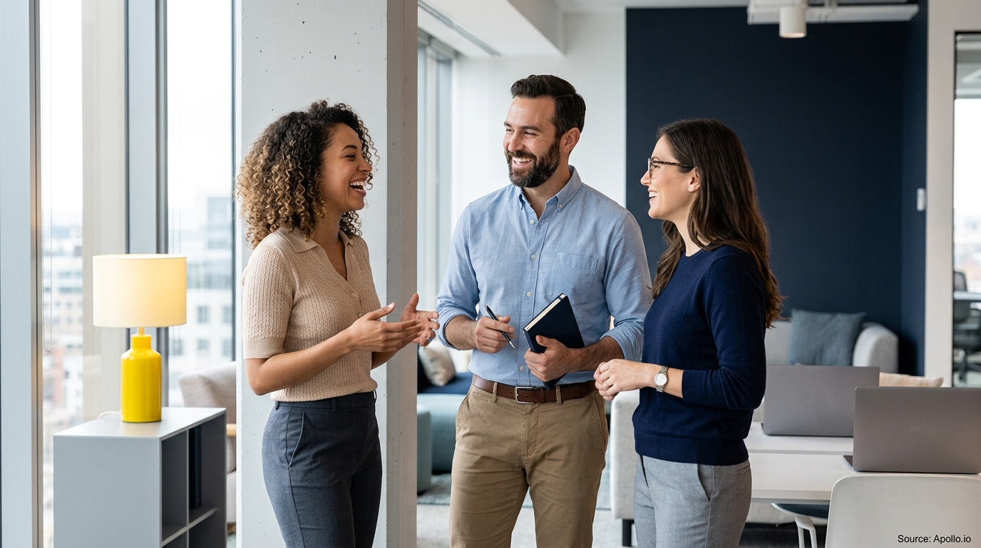 Three diverse professionals talk and laugh together in a bright, modern office space.