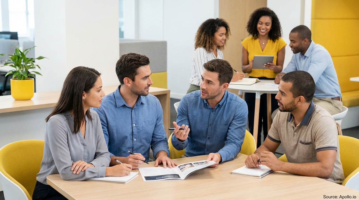 Six diverse professionals collaborate around documents and a tablet in a modern office.