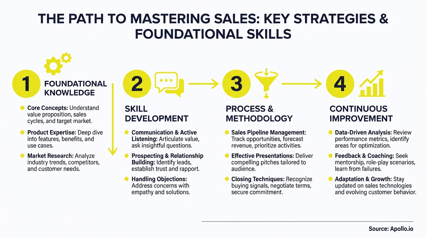 Numbered diagram shows four stages of mastering sales: knowledge, skills, process, and improvement.