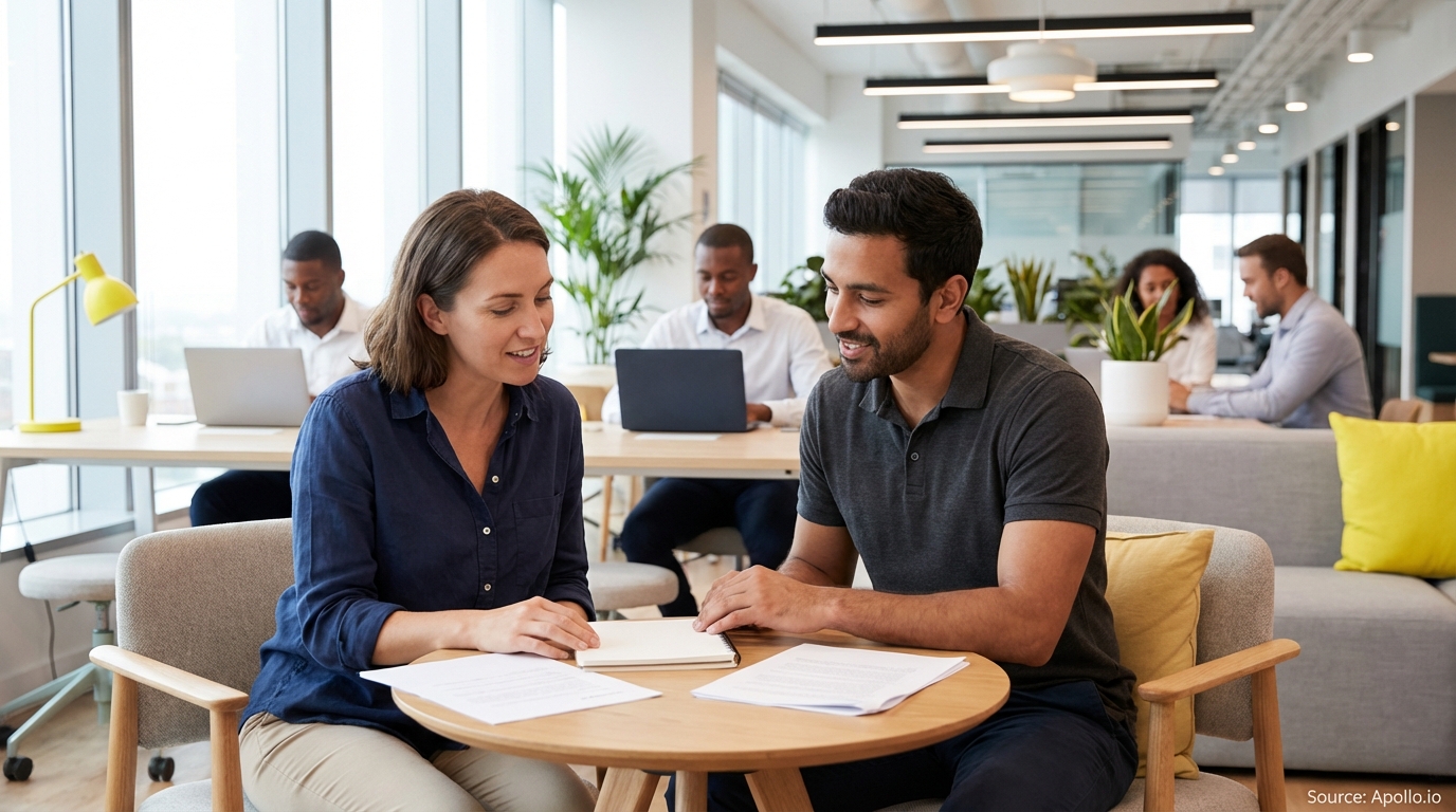 Two professionals discussing at a table with four others working in a bright, modern office.