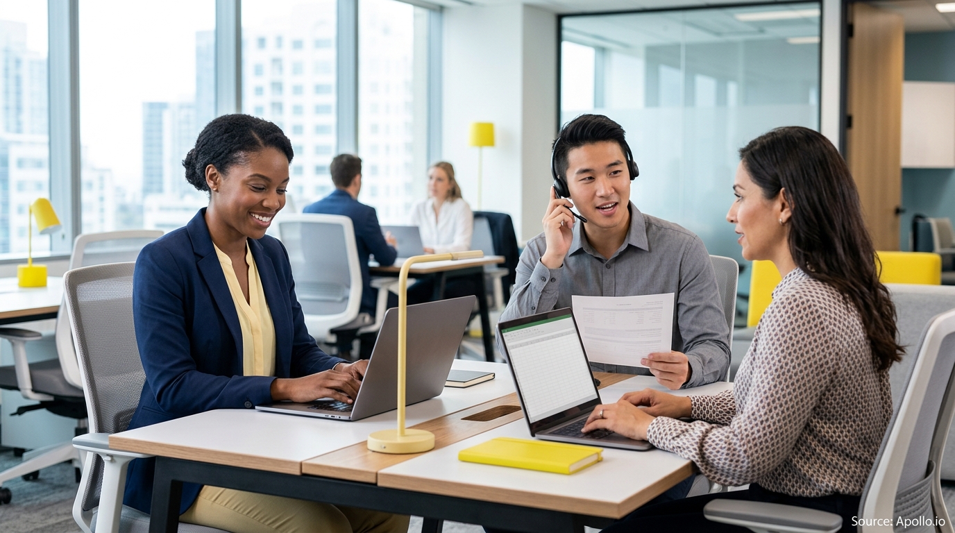 Three professionals working on laptops and discussing documents at a shared modern office desk.