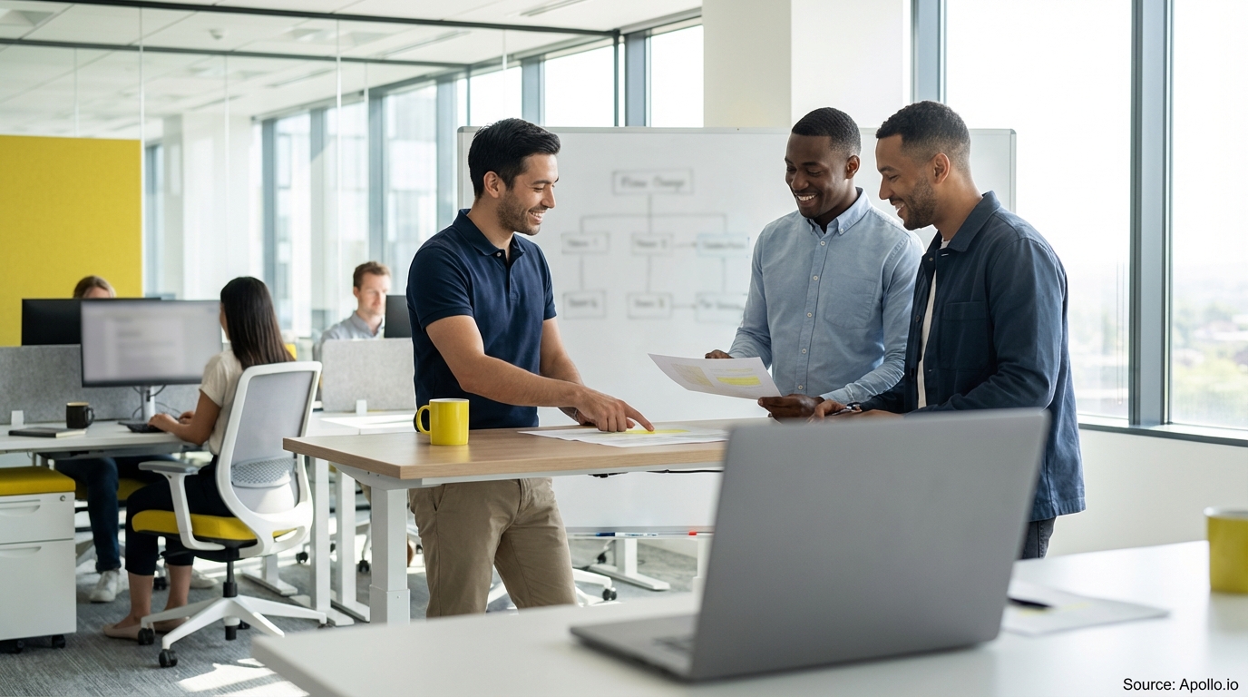Sales team collaborating in a modern open-plan office reviewing lead generation strategies