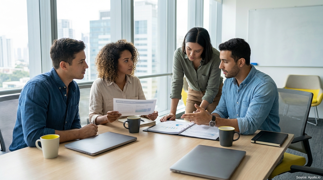Four diverse professionals discuss documents and laptops at a modern office table with city views.