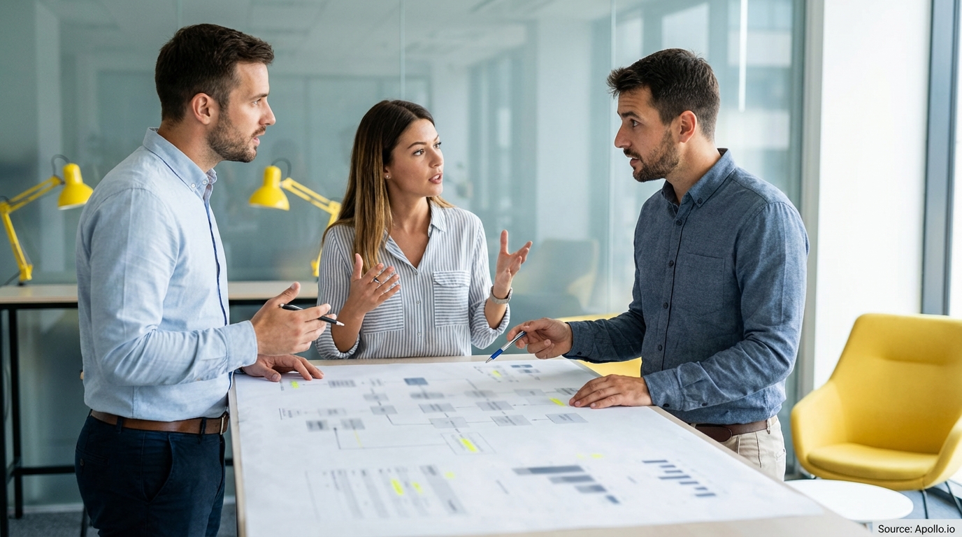 Three professionals discuss a large diagram laid out on a table in a modern office.