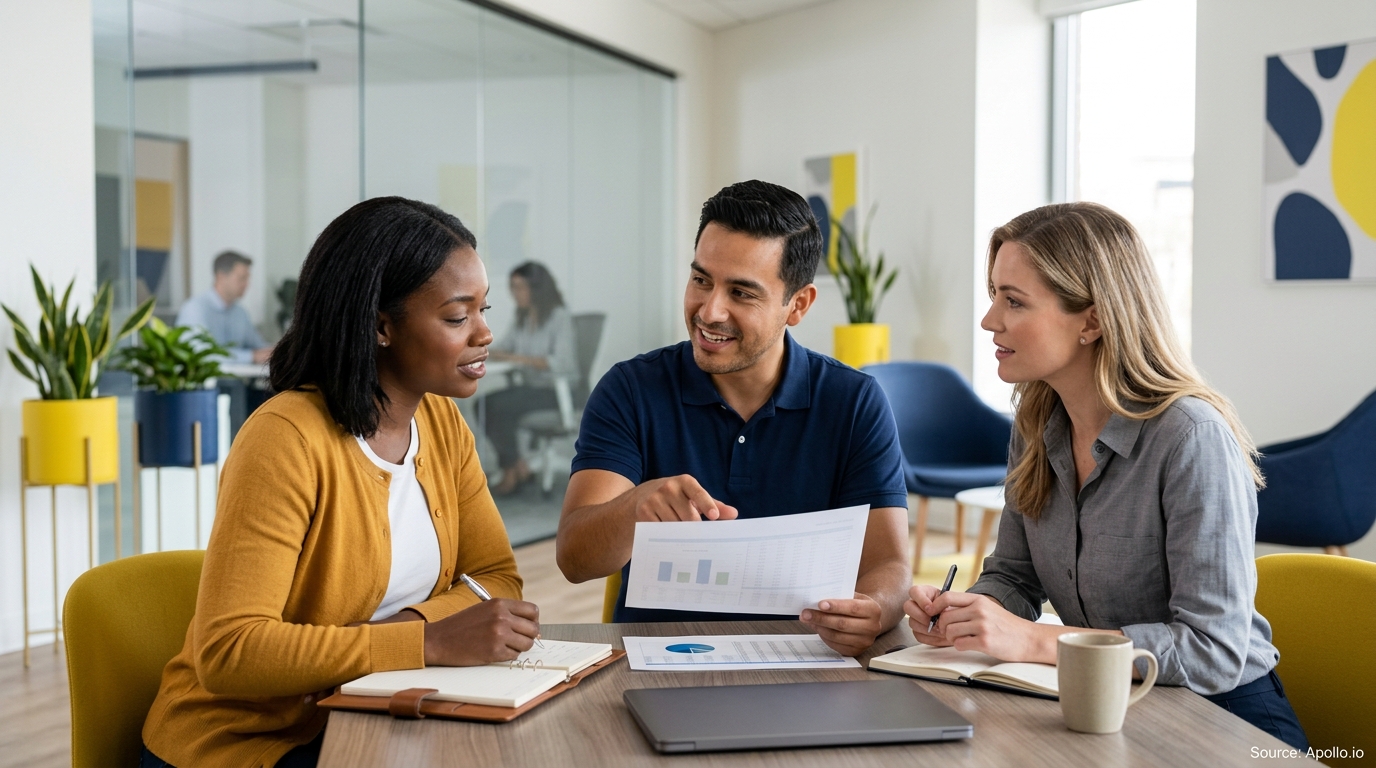 Three diverse professionals review data charts and take notes at a table in a bright, modern office.
