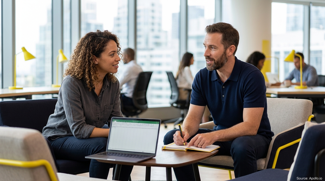 Two professionals collaborate over a laptop and notebook in a bright, modern office workspace.