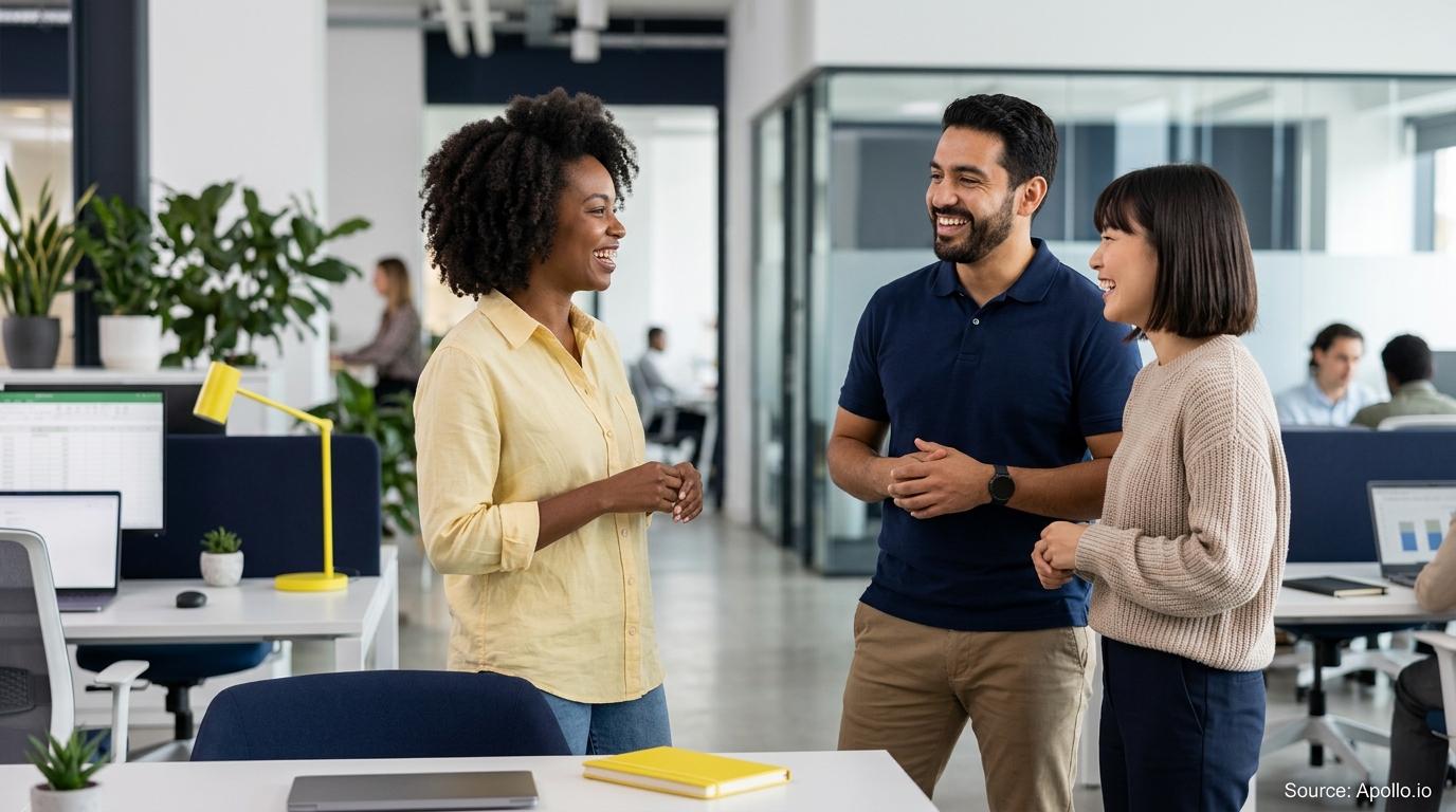 Three diverse colleagues stand and converse in a bright, modern open-plan office environment.