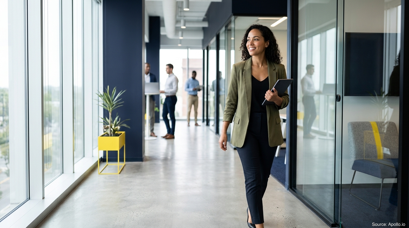 A professional woman holding a tablet walks through a bright office while three colleagues work in the background.