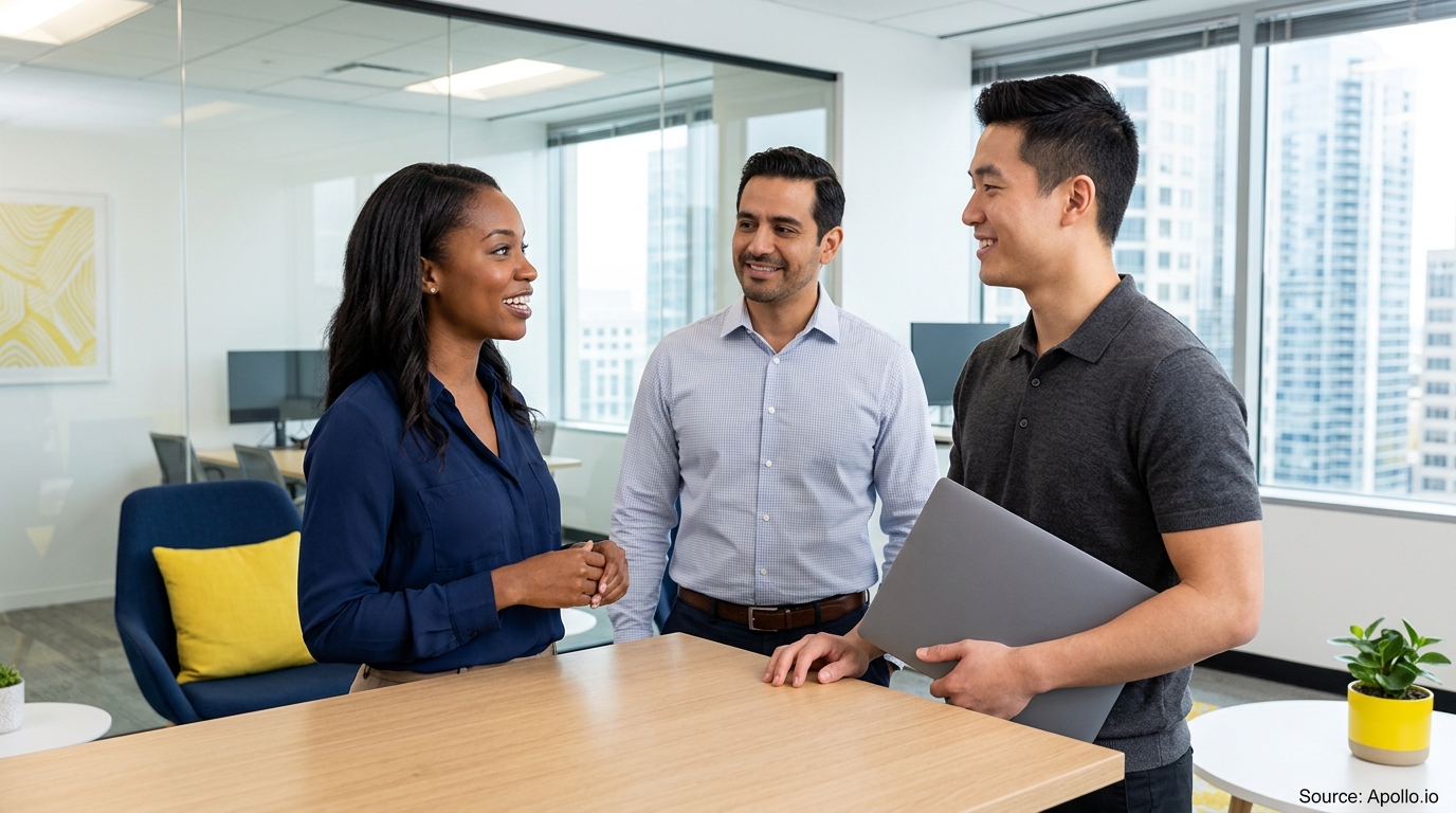 Three professionals talk and smile while standing around a high table in a bright, modern office.