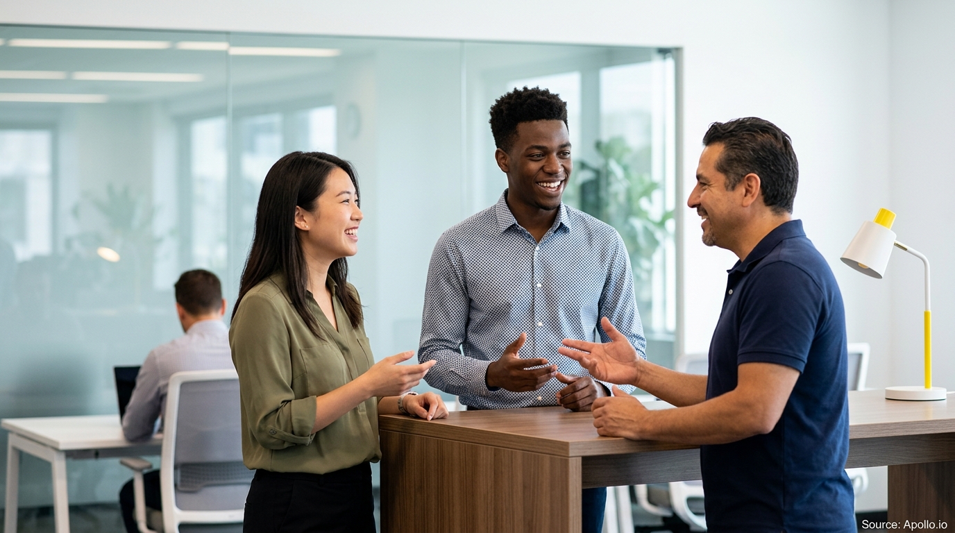 Three diverse professionals converse and smile around a high wooden table in a bright, modern office environment.