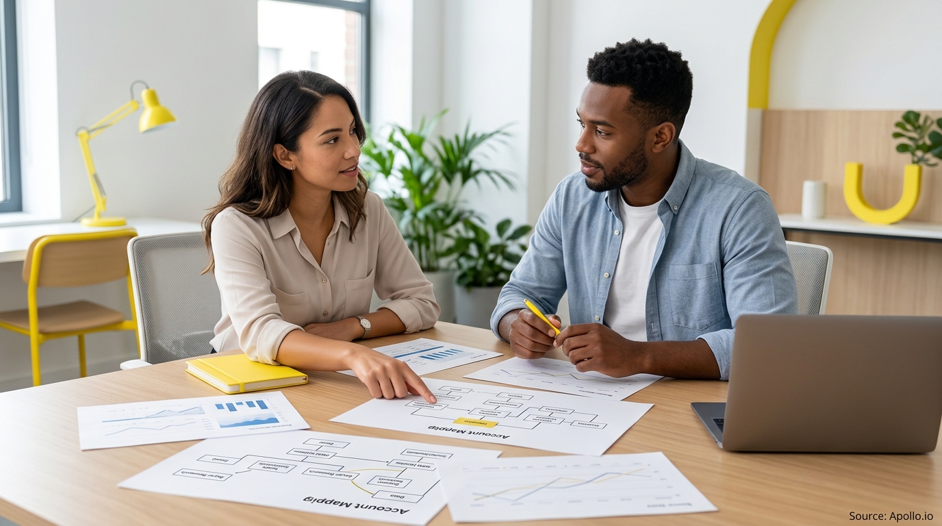 Two professionals review organizational charts and diagrams at a desk in a bright, modern office.