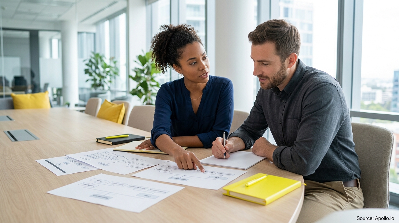 Two professionals analyze organizational charts at a wooden conference table in a bright, modern office.