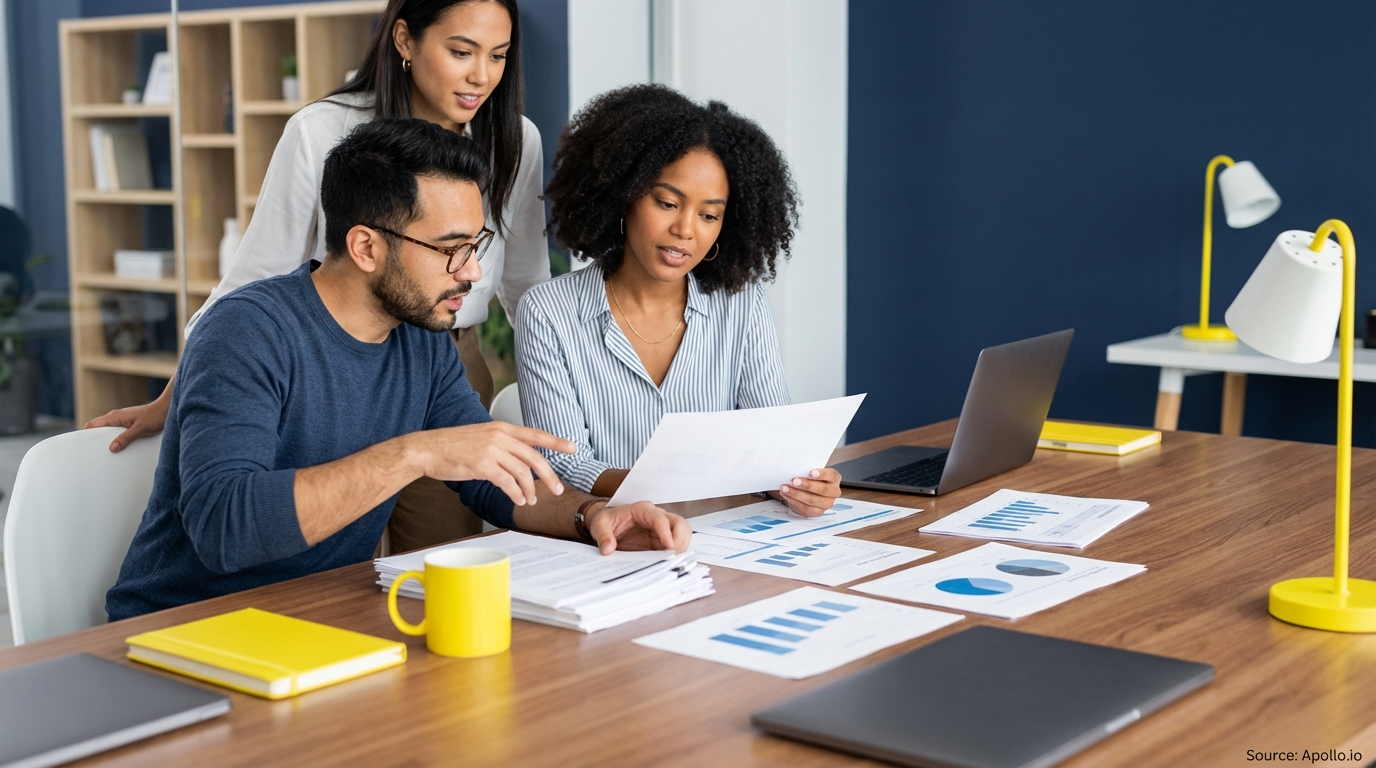 Three professionals discuss data charts on a table in a modern office setting.