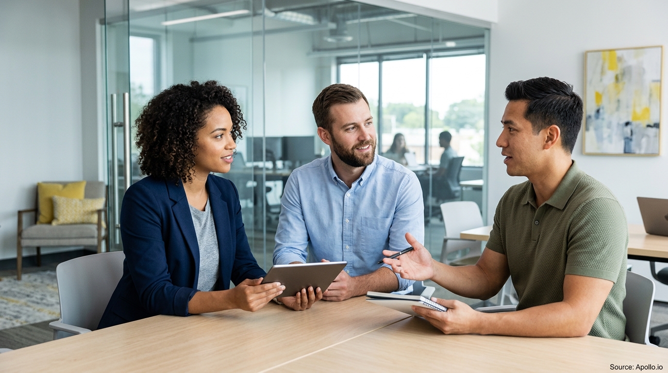 Three professionals collaborate at a wooden table in a modern office using a tablet and notebook.