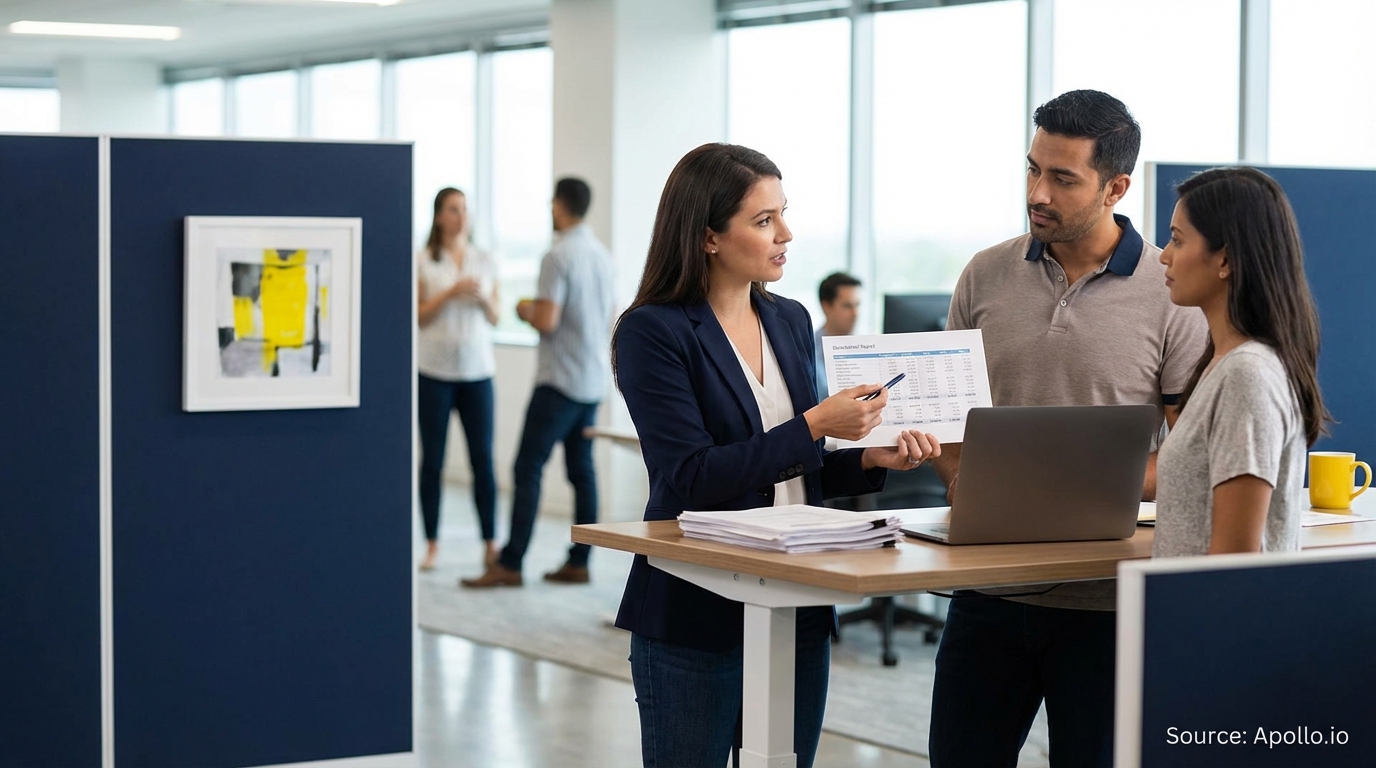 Three professionals discuss a data report at a modern standing desk in an office.